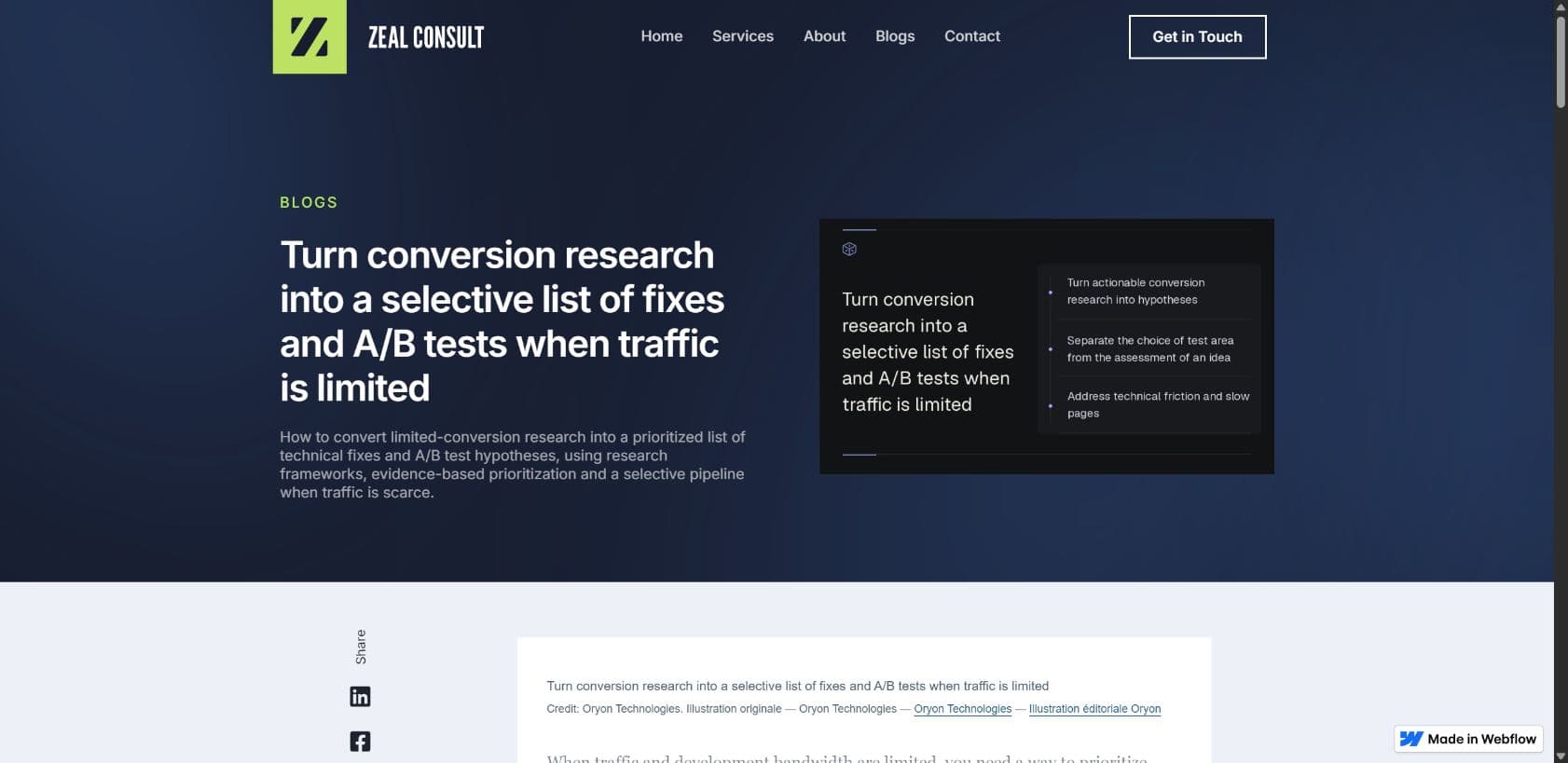 Titre, couverture complète et crédits de l’article de démonstration sur la page publique Webflow