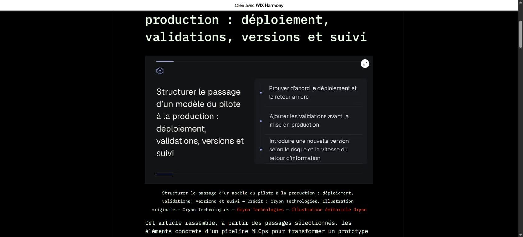 Couverture complète de l’article Wix sur le passage d’un modèle du pilote à la production, avec ses crédits