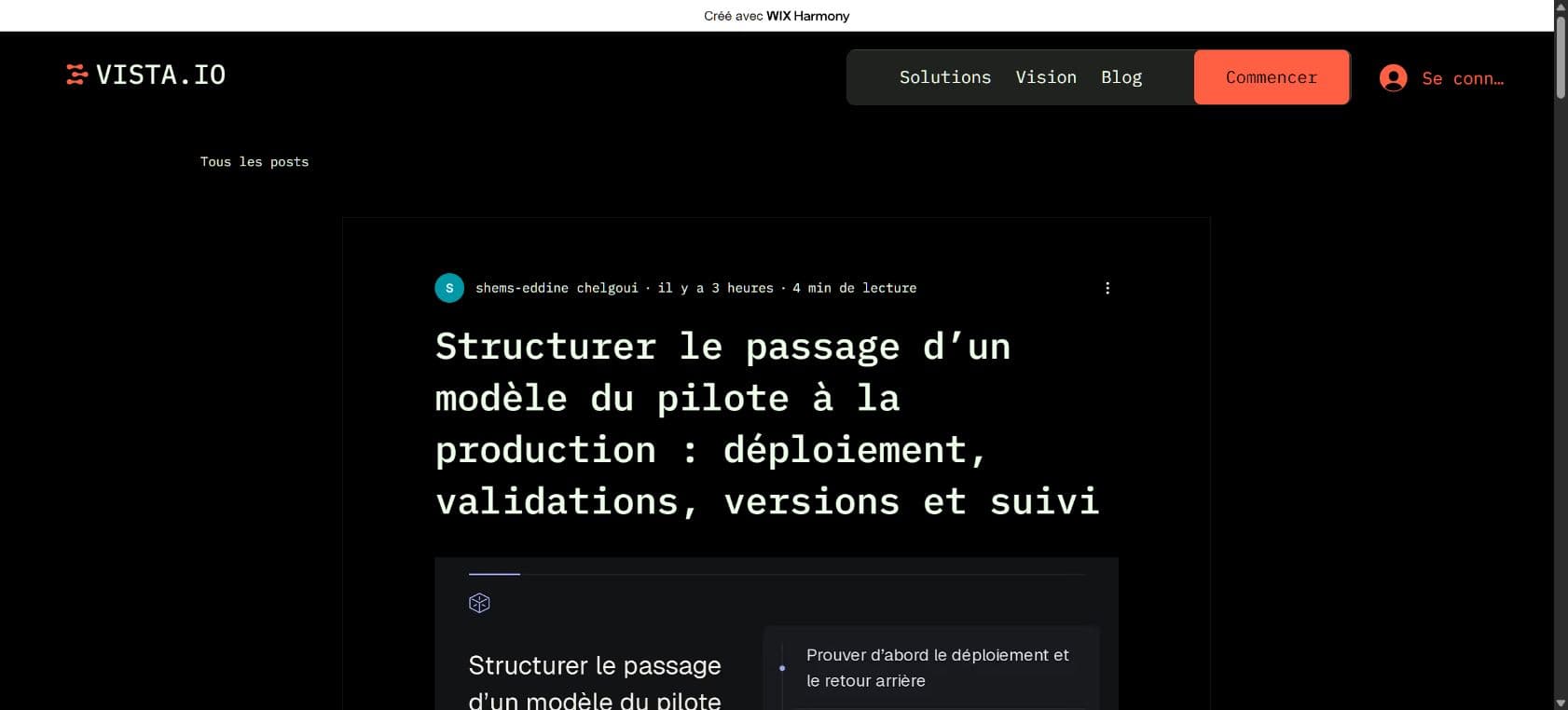Titre de l’article de démonstration Wix et début de sa couverture sur la page publique