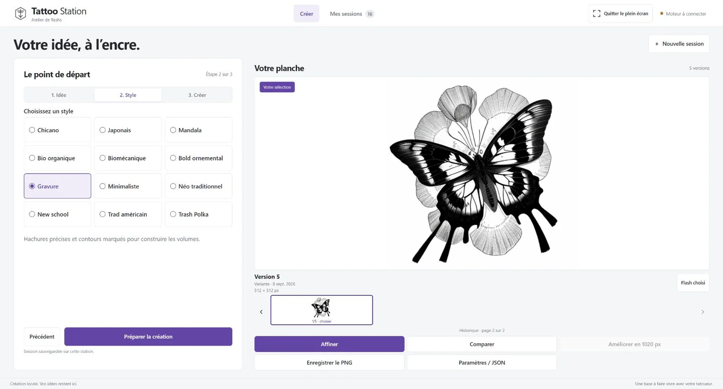 Interface Tattoo Station : sélection du style Gravure, motif de papillon sur la planche et commandes de retouche, comparaison et export.